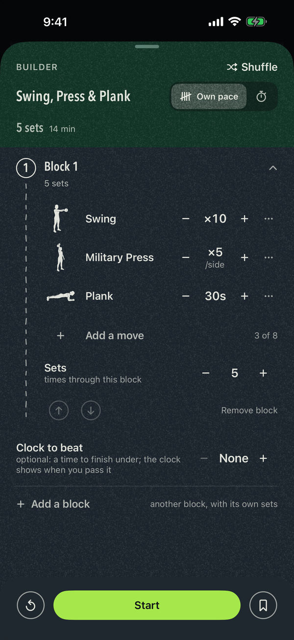 A block, its moves, and the switch that runs it at your own pace or timed