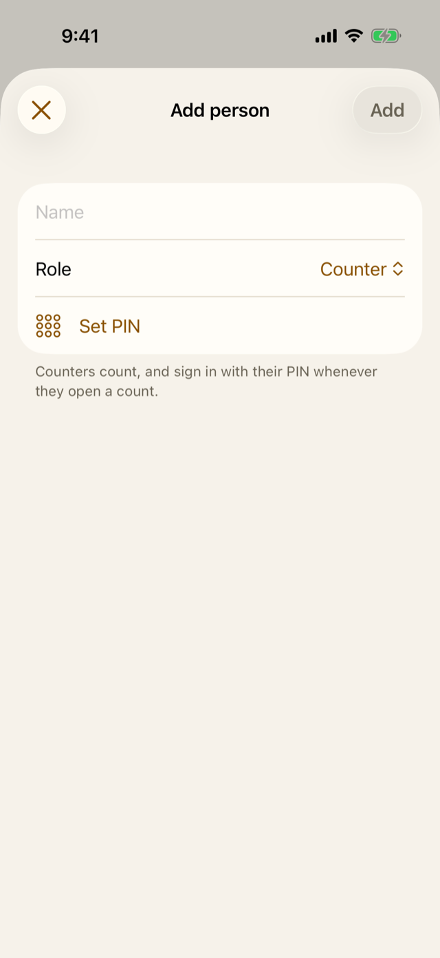 Adding a person: their name, role and PIN.