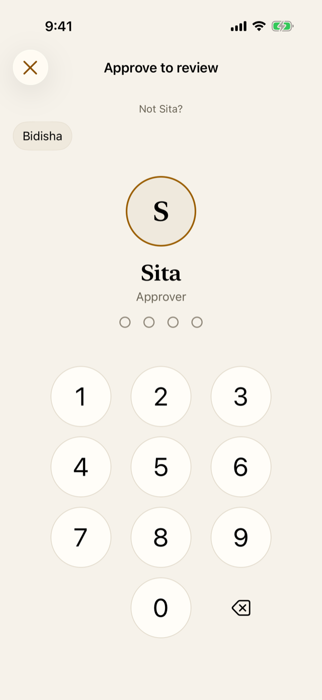 Review asks for an approver who didn't count, and their PIN.