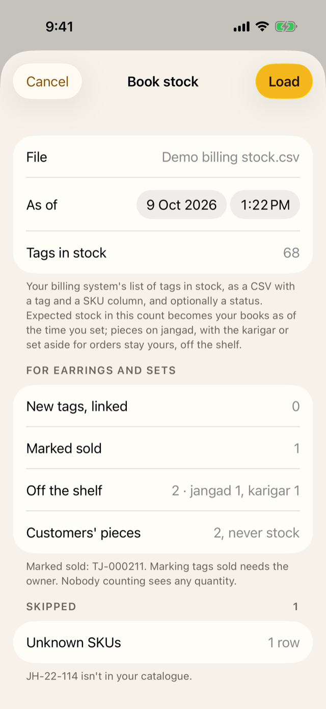 What loading the books will do: tag counts only, never any product's stock.