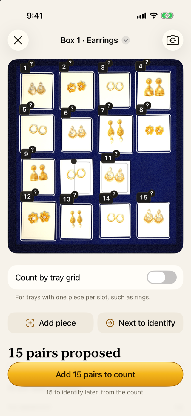 The review of an untagged box of earrings, with pieces to identify.