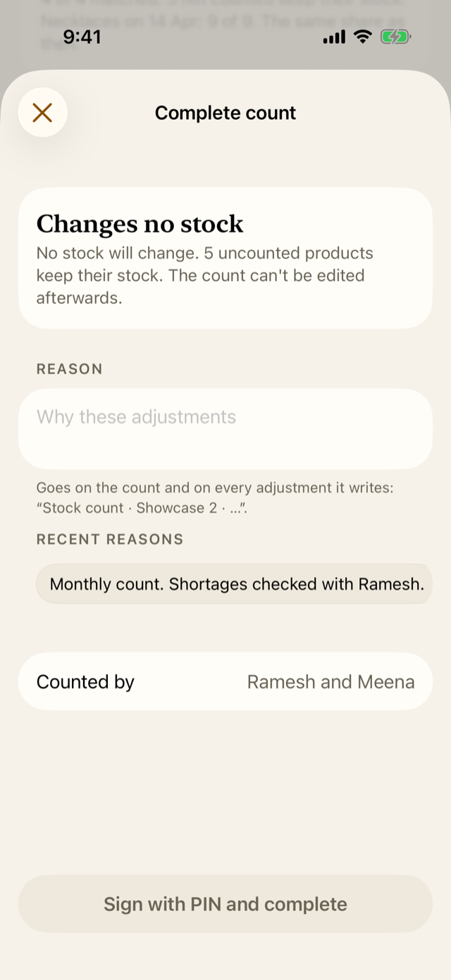 Completing the count: a reason, then the approver's PIN as the signature.