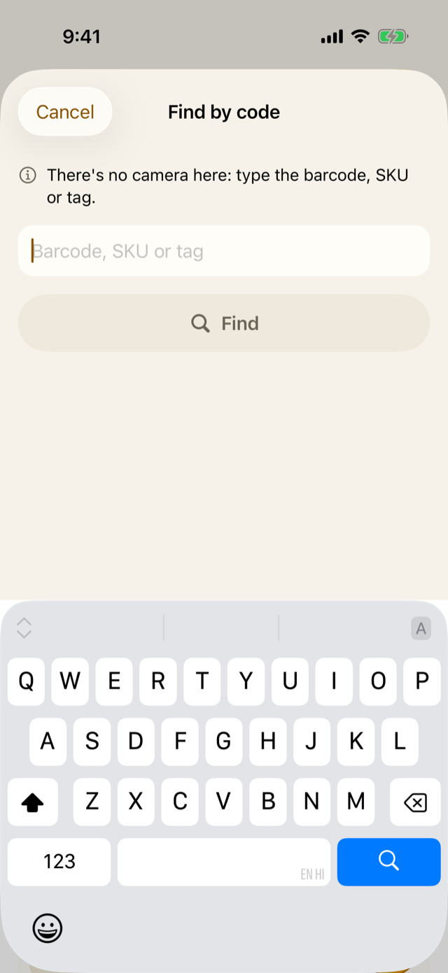 Find by code: scan or type a barcode, SKU or piece tag to find a product's row.