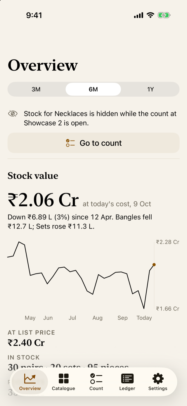 The Overview while a count is open: stock for the types being counted is hidden.