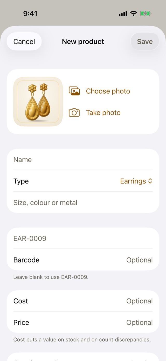 Adding a product: its name, type, variant, codes, cost and price.