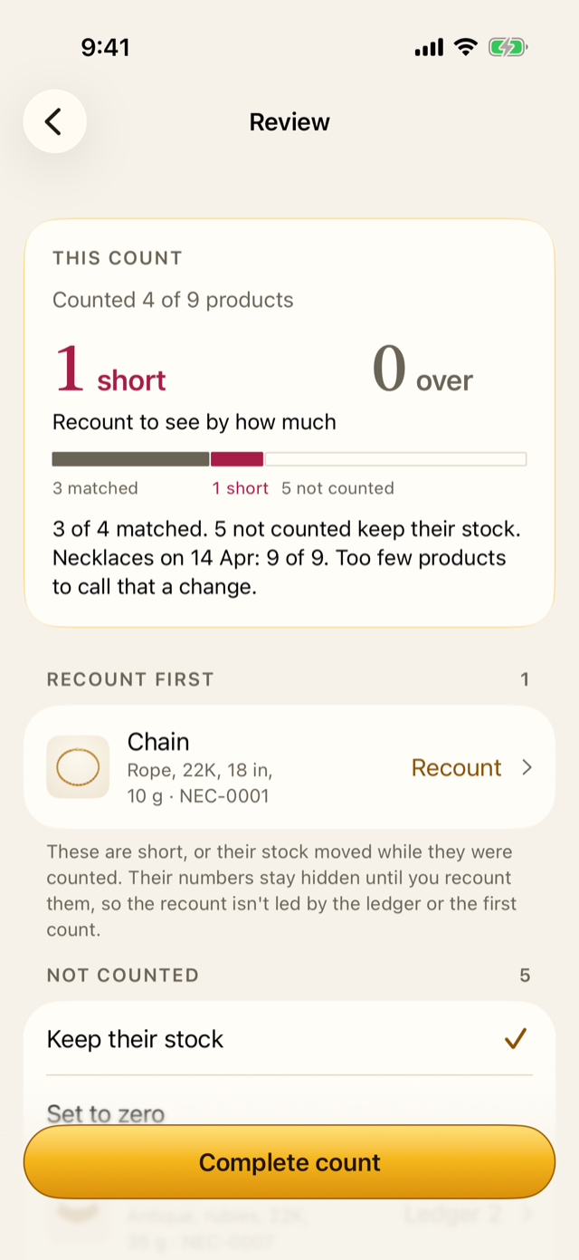 Review with a shortage that must be recounted first; its numbers stay hidden.