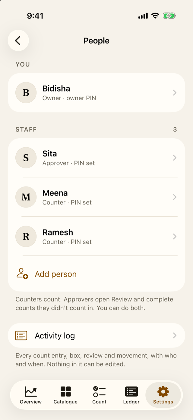Settings → People: the owner and the staff, each with a role.