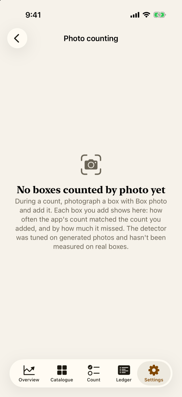 Settings → Photo counting: how the app's box counts compare with what people added.
