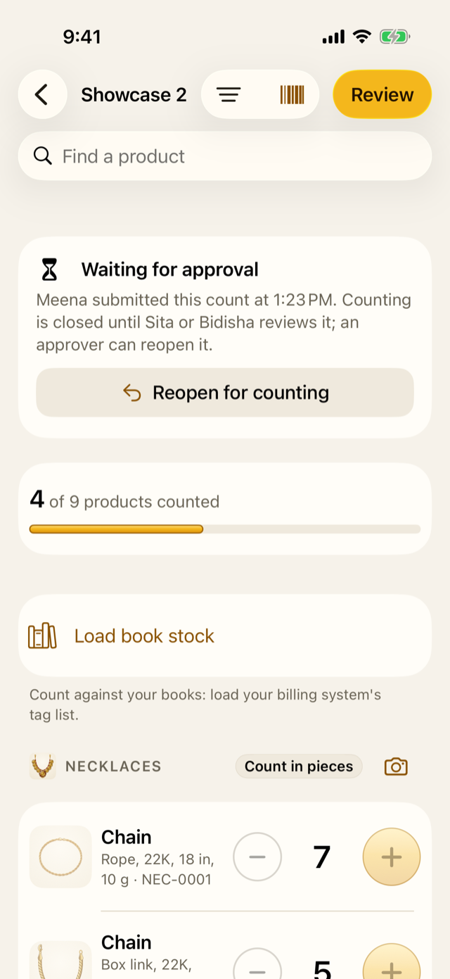A submitted count waits for an approver; counting has stopped.